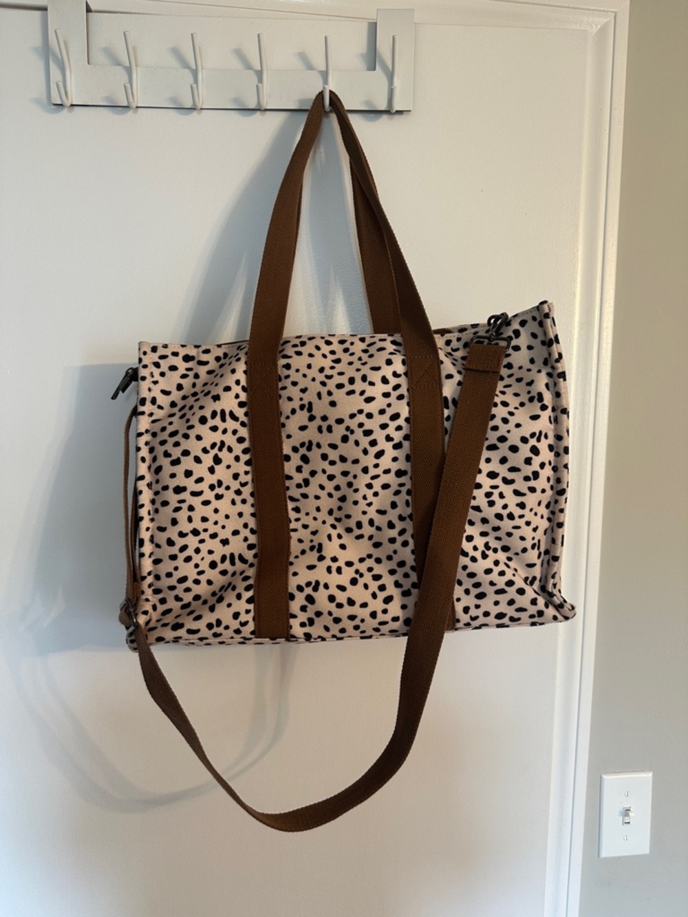 Spotted Canvas Tote Bag with Brown Straps